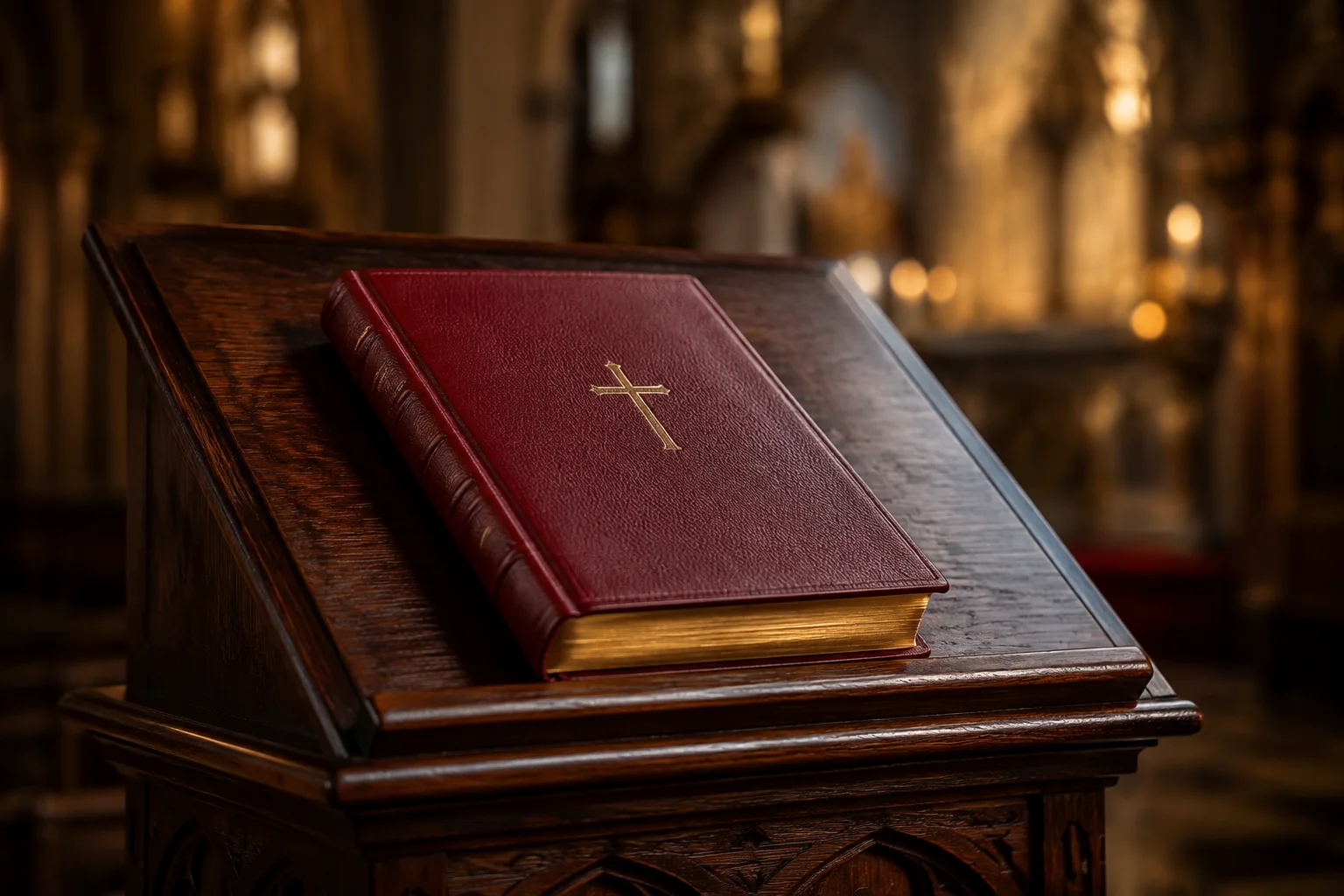 Red liturgical book with a gold cross on a wooden ambo in a softly lit church