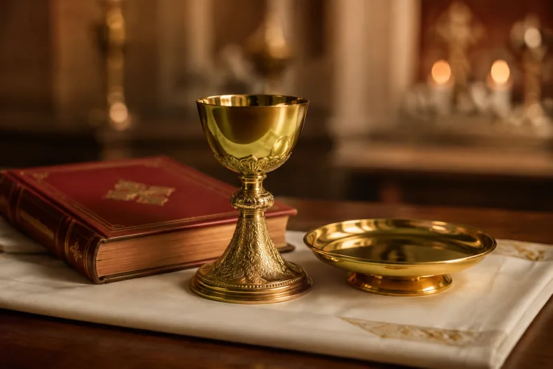 A gold chalice and paten on an ivory altar cloth beside a red liturgical book