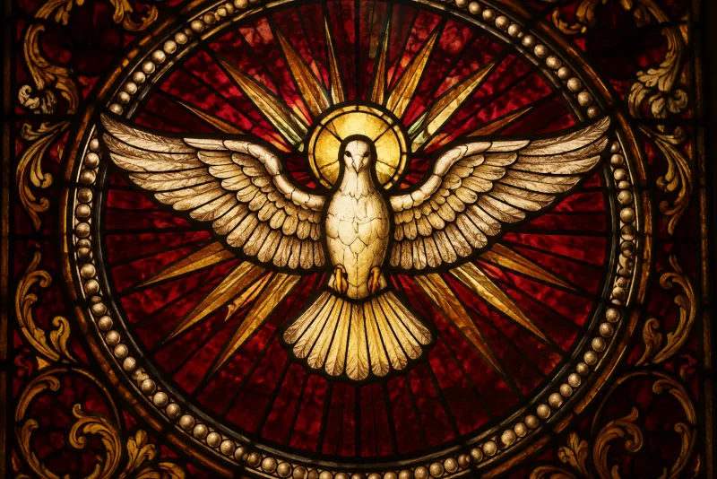 A dove in original stained glass with red and gold rays of light