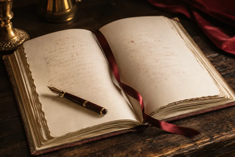 Cream prayer pages, a fountain pen and a red ribbon in warm light