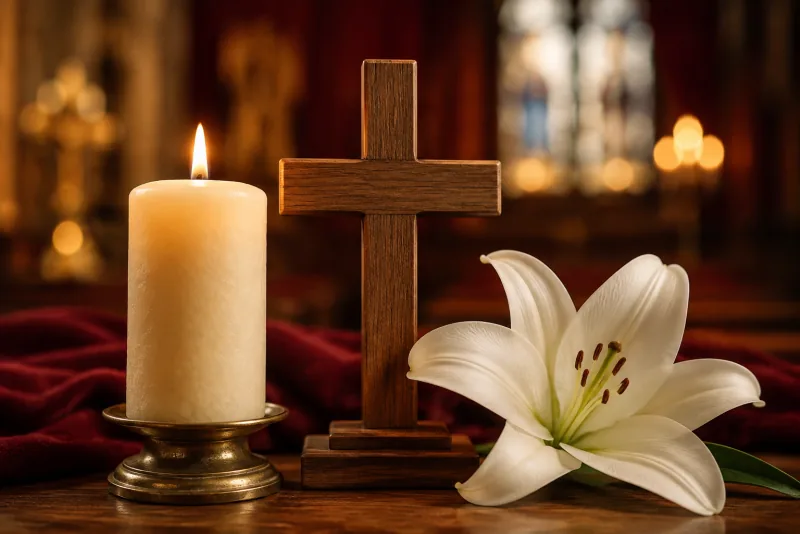 A candle, wooden cross and white lily in a quiet church
