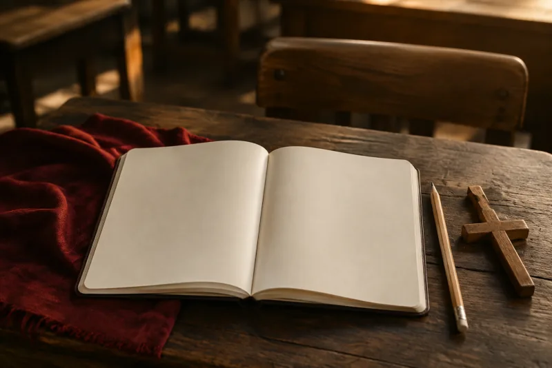 An open notebook, pencil and small wooden cross on a school desk