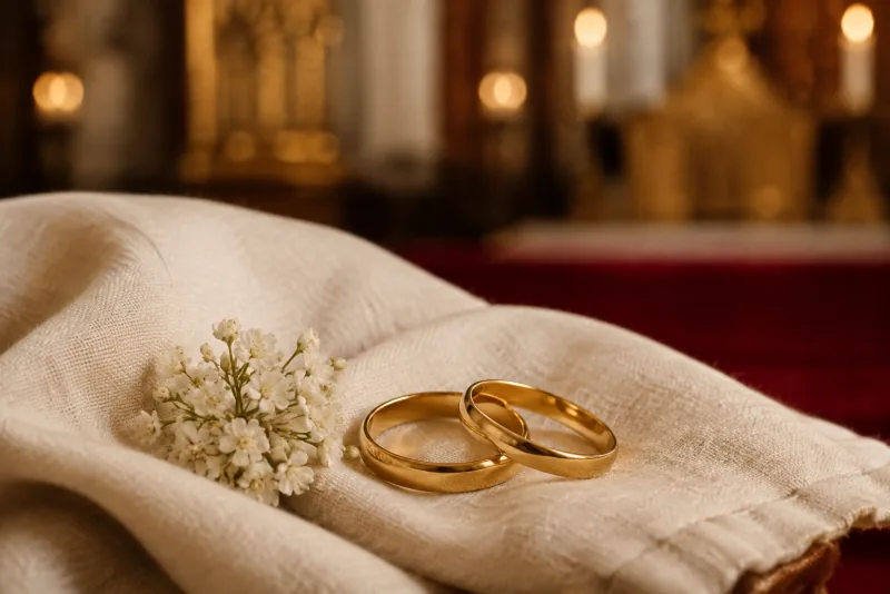 Two gold wedding bands on ivory linen beside white flowers