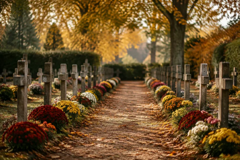 An autumn cemetery path is lined with simple stone crosses and red, gold and white flowers.