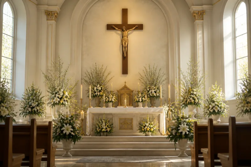 White and gold flowers surround an altar beneath a tall wooden crucifix in morning light.