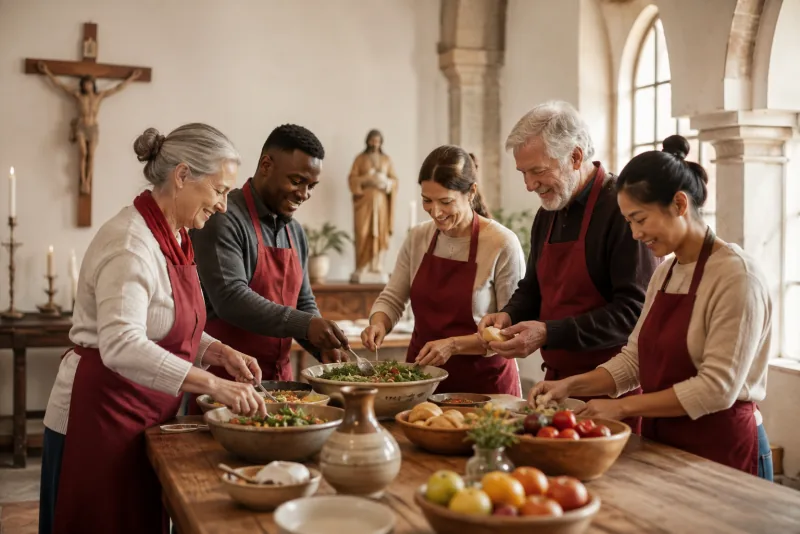 Parish volunteers prepare bread, vegetables and shared dishes around a large wooden table.