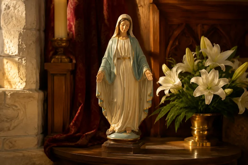 A small statue of Mary in ivory and pale blue robes stands beside white lilies.