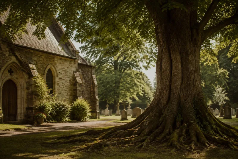 A broad tree with exposed roots shades a stone churchyard with a path and distant grave markers.