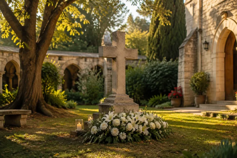 White roses and lilies surround a plain stone memorial cross in a sunlit church garden.