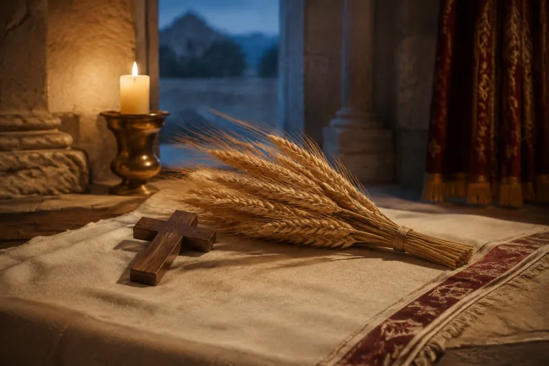 A wooden cross and tied sheaf of wheat lie on ivory linen beside a candle at blue hour.