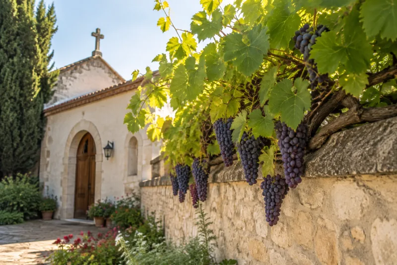 Clusters of purple grapes hang from a leafy vine over a sunlit stone wall beside a small church.