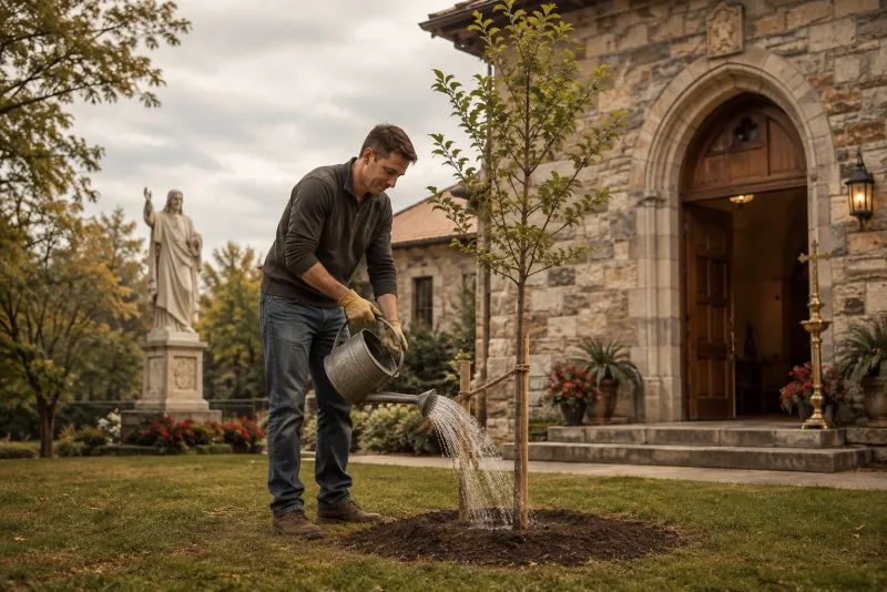 A volunteer in gardening gloves waters a young tree outside an open stone parish building.