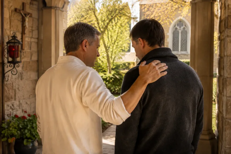 A man rests a reassuring hand on another man's shoulder on a sunlit stone parish porch.