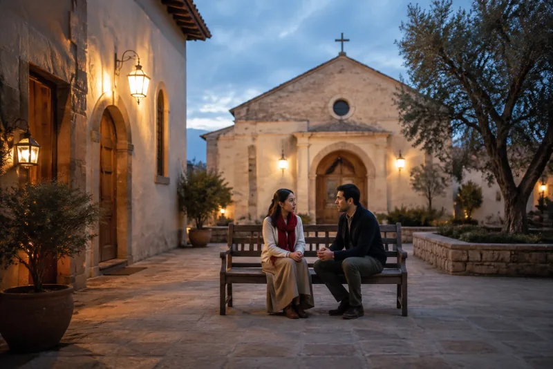 Two adults sit facing each other on a wooden bench in a church courtyard at dusk, with lanterns glowing nearby.