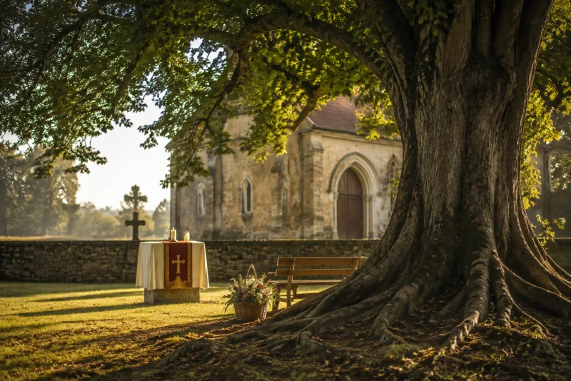 A mature tree with exposed roots shades a quiet churchyard with a bench and small outdoor altar.