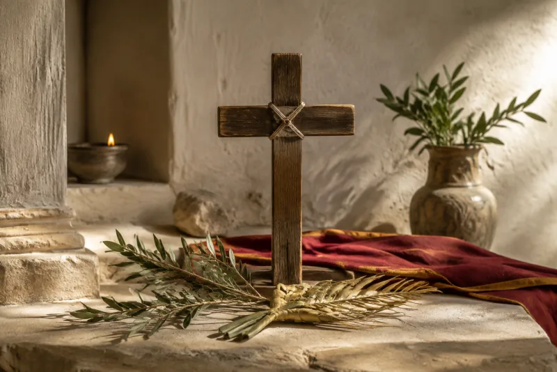 A wooden cross tied with twine stands behind an olive branch and woven palm frond on a warmly lit stone ledge.