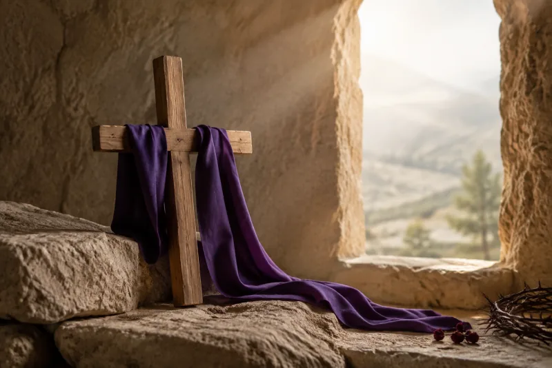 A wooden cross draped in purple cloth leans on rough stone beside an open chapel window.