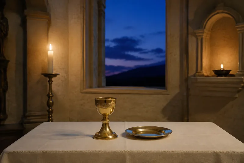 A gold chalice and empty paten stand on ivory altar linen in a candlelit chapel at blue hour.