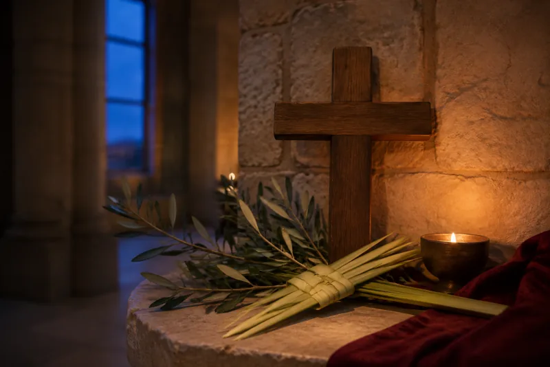 A woven palm frond and olive branches rest beneath a wooden cross beside a glowing candle and blue-lit window.
