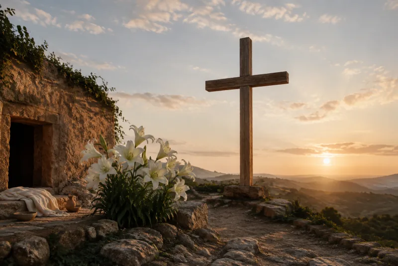 White lilies bloom beside a plain wooden cross near an open rock-cut tomb at sunrise.