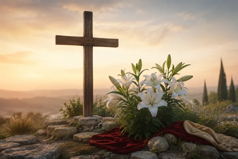 White lilies bloom beside a plain wooden cross on a rocky hillside in warm dawn light.