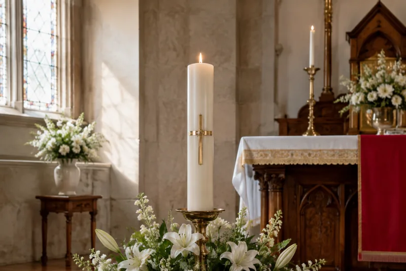 A tall white Paschal candle bearing a gold cross burns among white flowers in a sunlit church.