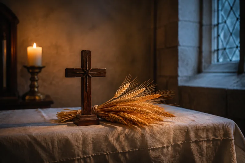 A small wooden cross stands beside golden wheat on ivory linen in a candlelit chapel at dusk.