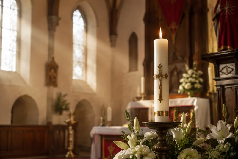 A white candle with an ornate gold cross burns among white lilies in a church filled with soft morning light.