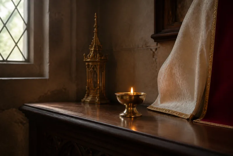 A small flame glows in a round brass holder on a dark wooden shelf beside gold-trimmed ivory fabric.