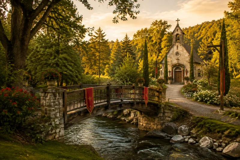 A wooden bridge crosses a clear stream along a flower-lined path toward a small chapel in golden light.