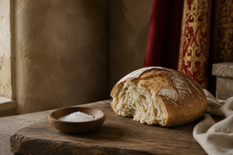 A torn loaf of fresh bread and a small wooden bowl of coarse salt rest on a rustic wooden board.