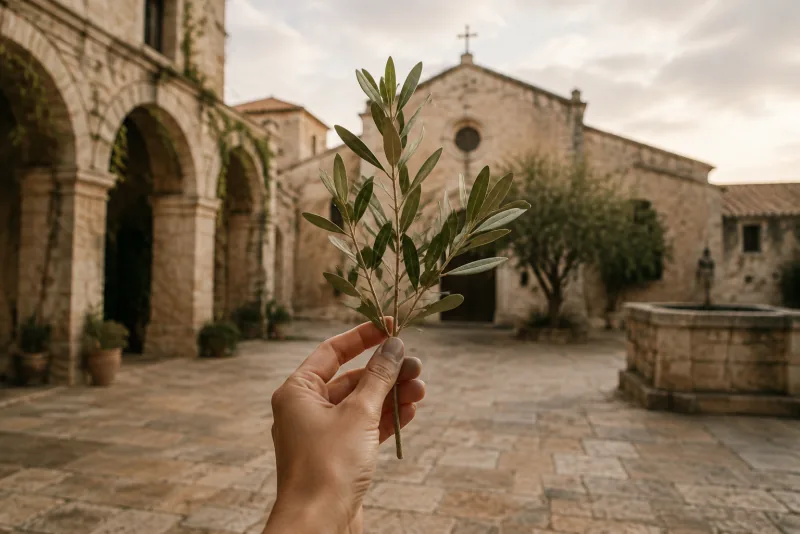 A hand holds an olive branch in front of a softly focused stone church courtyard with arches and a well.