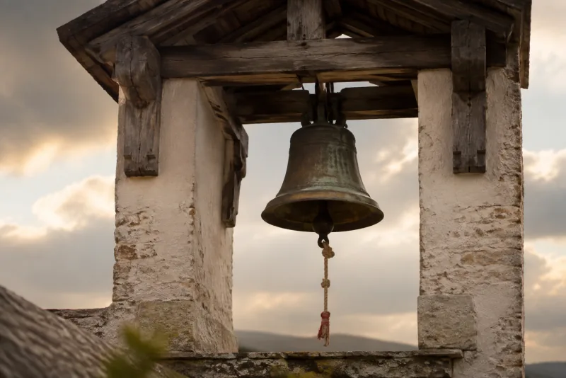 A weathered bronze church bell with a knotted rope hangs beneath timber beams in a small stone belfry.