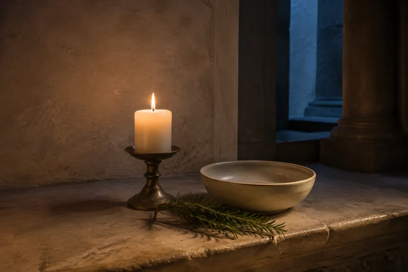 A lit ivory candle stands beside rosemary and a plain ceramic bowl on a stone ledge near a blue-lit window.