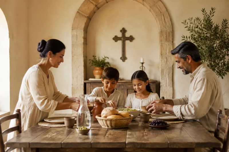Two adults and two children set a simple meal with bread, vegetables and water on a wooden table.