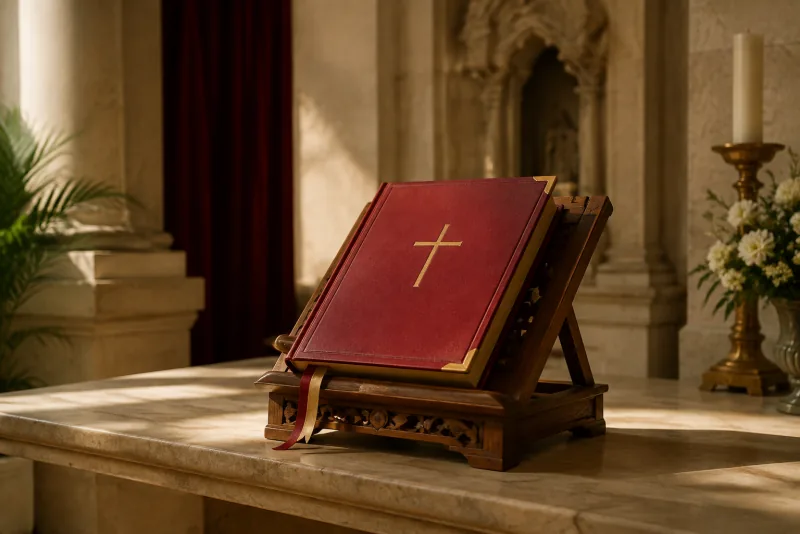 A red-bound liturgical book with a plain gold cross rests on a carved wooden stand in warm church light.