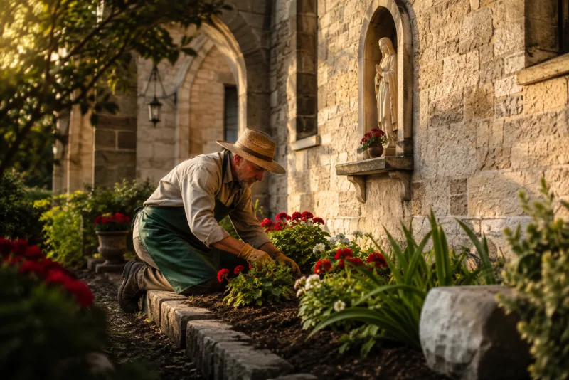 A gardener in a straw hat and green apron tends flowering plants beside a sunlit stone church wall.