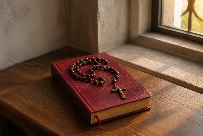 A wooden-bead rosary with a small crucifix lies on a closed red prayer book beside a warmly lit window.