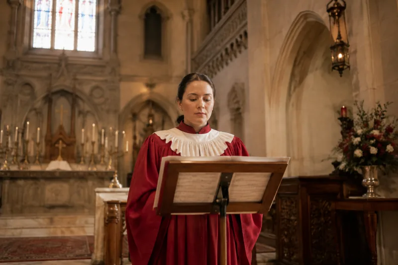 A choir member in a red robe with a white collar stands at a wooden music stand in a softly lit church.