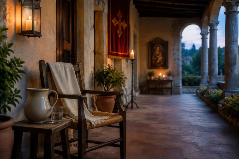 A wooden chair draped with ivory cloth stands beside a water pitcher and glass on a candlelit parish veranda.