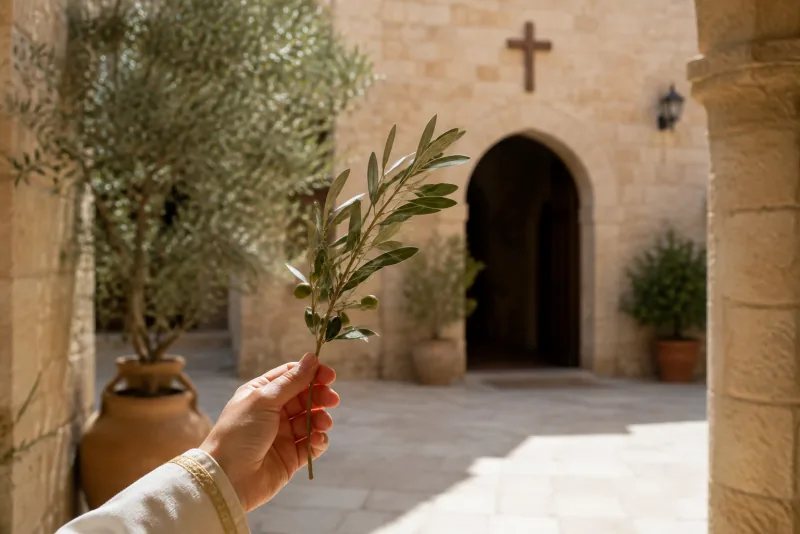 A hand holds a leafy olive branch in a sunlit stone church courtyard.