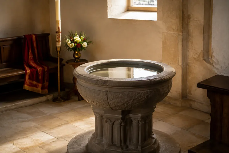 A carved stone baptismal font holds still water reflecting a high window in a softly sunlit chapel.