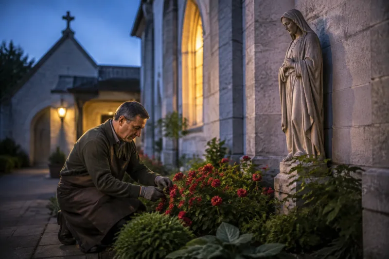 A gardener tends red flowers beside a Marian statue and a warmly lit church window at dusk.