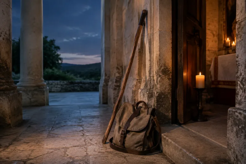 A wooden walking staff and worn canvas satchel rest against a stone church porch beside a candlelit doorway.