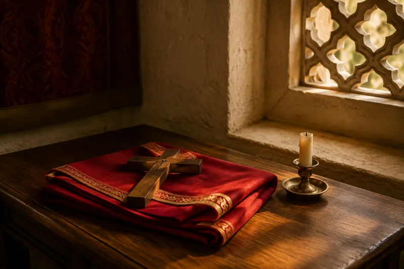A simple wooden cross rests on folded deep-red cloth beside an unlit candle on a sunlit side table.