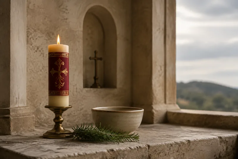 A lit ivory candle stands beside rosemary sprigs and a plain ceramic bowl on a stone ledge.