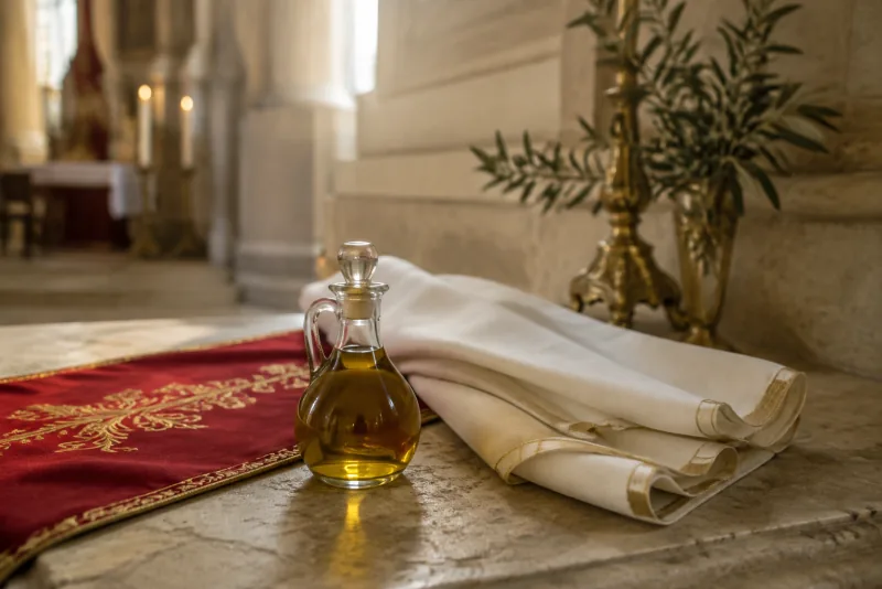 A small clear glass cruet of olive oil catches warm light beside folded ivory linen and red cloth.