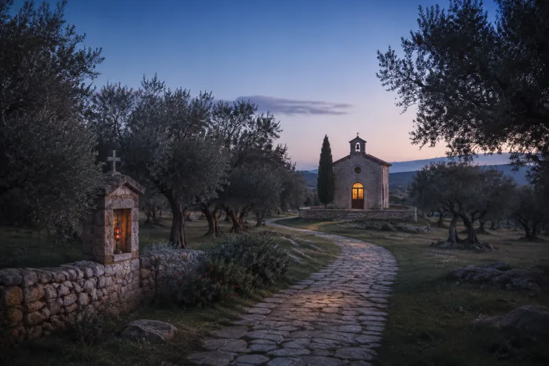A winding stone path leads through olive trees toward a small chapel with a glowing doorway at dusk.
