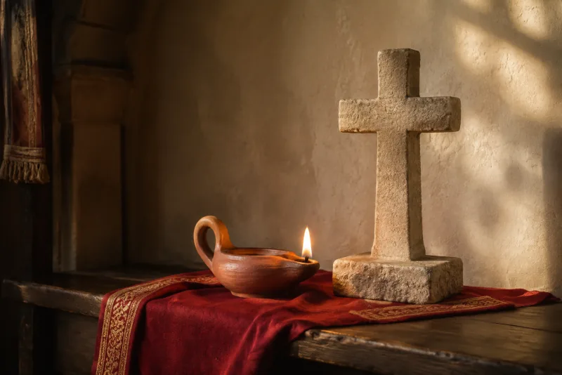 An earthen oil lamp burns beside a plain stone cross on red cloth across a dark wooden shelf.