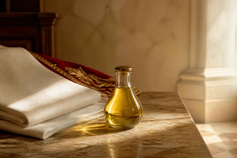 A small glass vial of golden oil stands beside folded ivory linen in warm sunlight.
